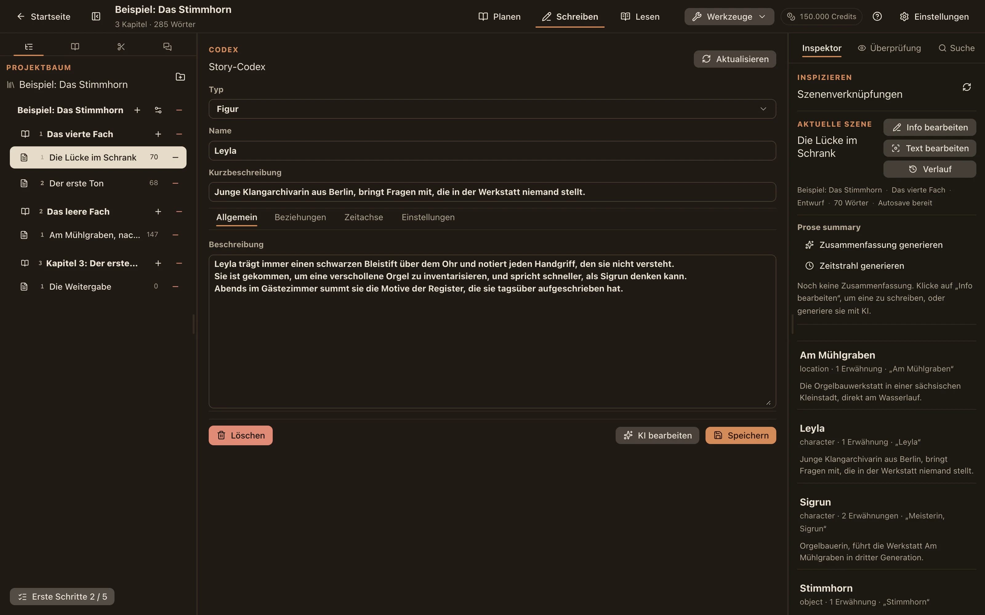 Ein Codex-Eintragseditor mit Typ, Name, Kurzbeschreibung und vollständiger Beschreibung sowie Tabs für Beziehungen und Zeitachse