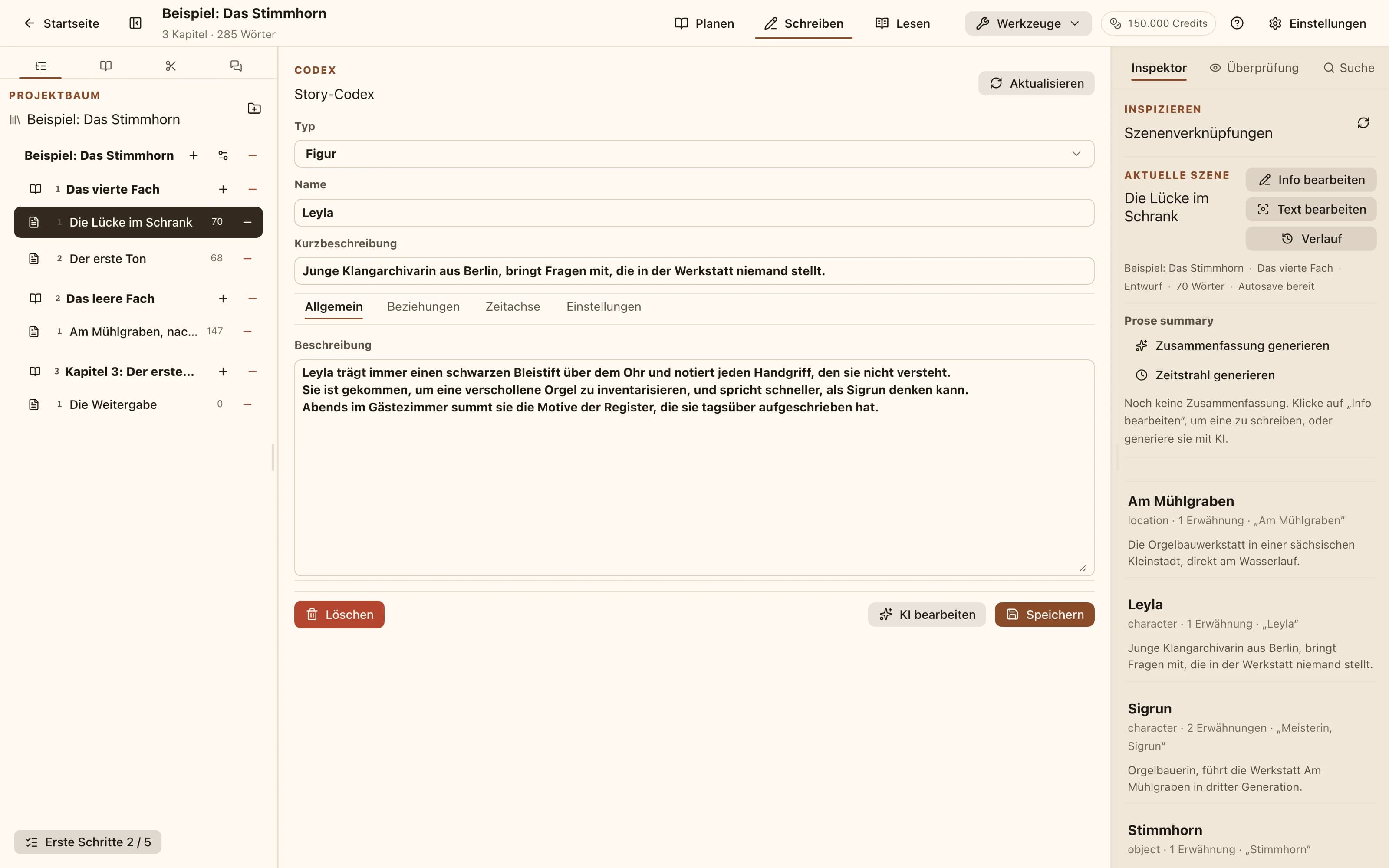 Ein Codex-Eintragseditor mit Typ, Name, Kurzbeschreibung und vollständiger Beschreibung sowie Tabs für Beziehungen und Zeitachse