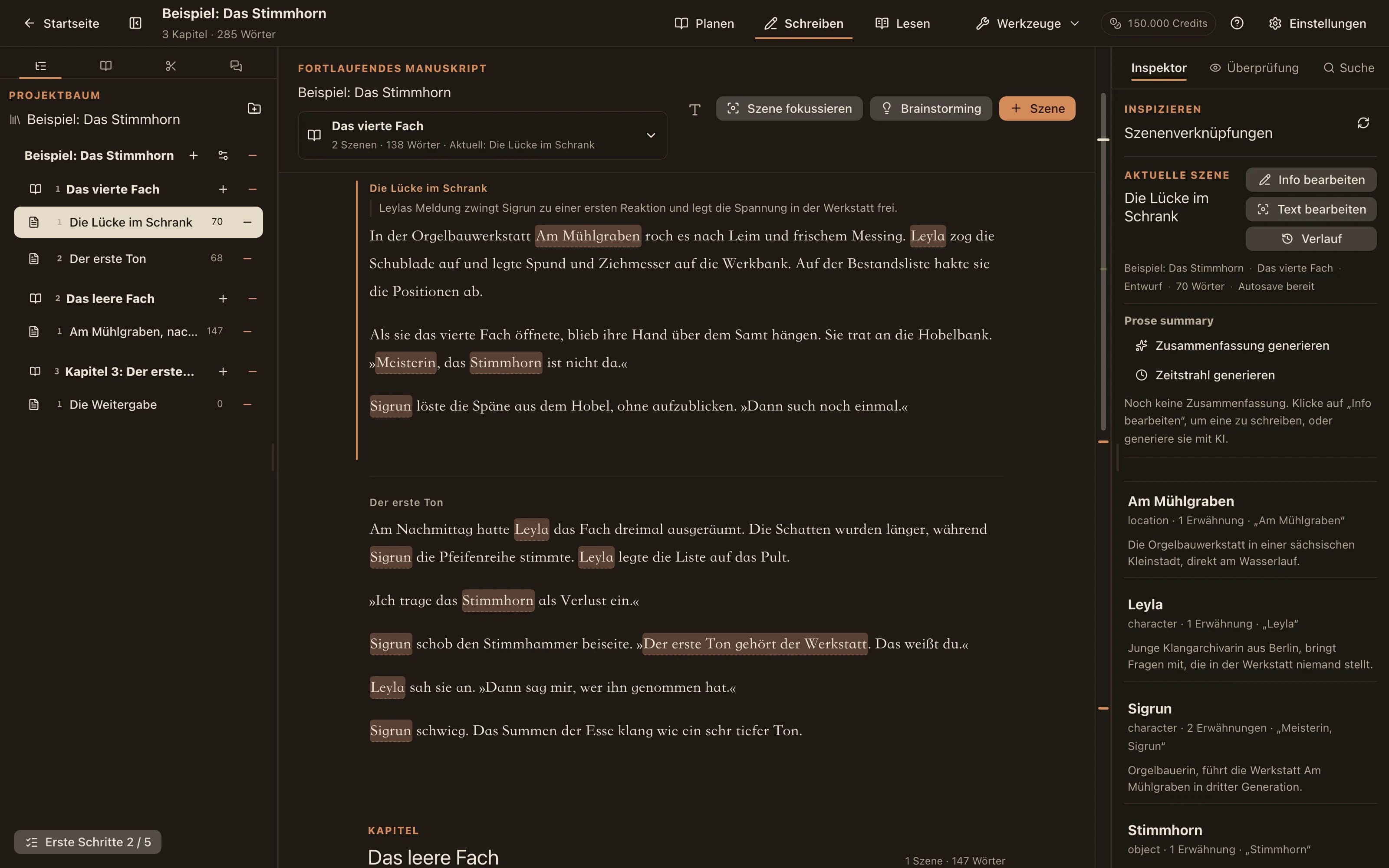 Der NovelKnow-Arbeitsbereich: links der Codex, in der Mitte der Text mit hervorgehobenen Figurennamen, rechts die in dieser Szene erwähnten Einträge