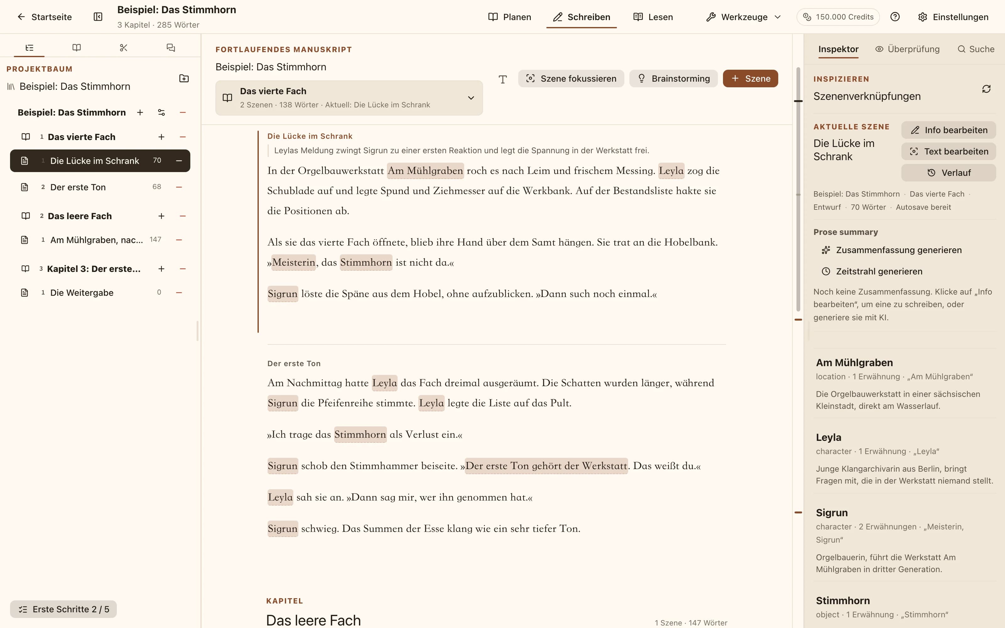 Der NovelKnow-Arbeitsbereich: links der Codex, in der Mitte der Text mit hervorgehobenen Figurennamen, rechts die in dieser Szene erwähnten Einträge