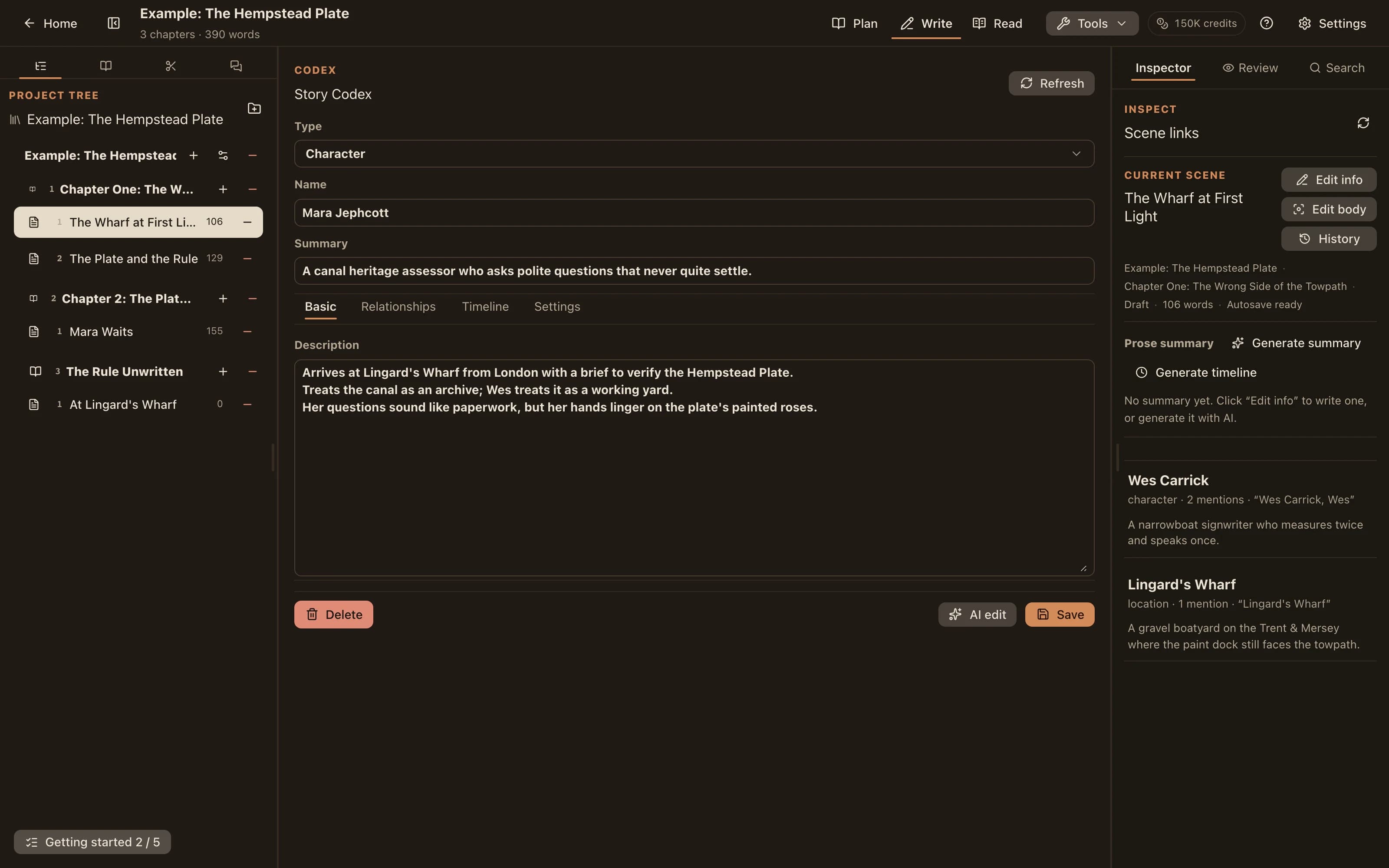 A codex entry editor showing type, name, short description and full description, with relationship and timeline tabs