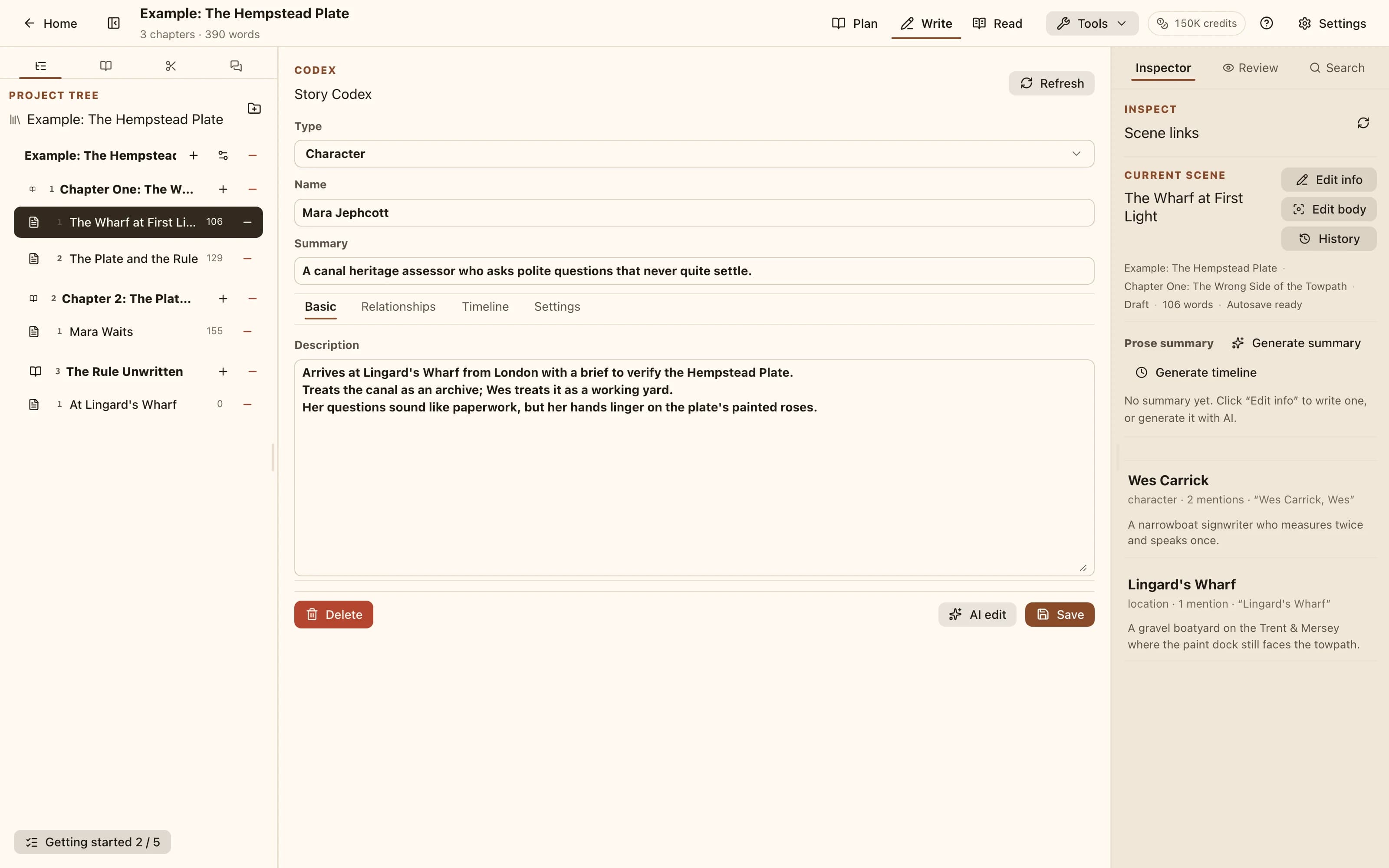 A codex entry editor showing type, name, short description and full description, with relationship and timeline tabs