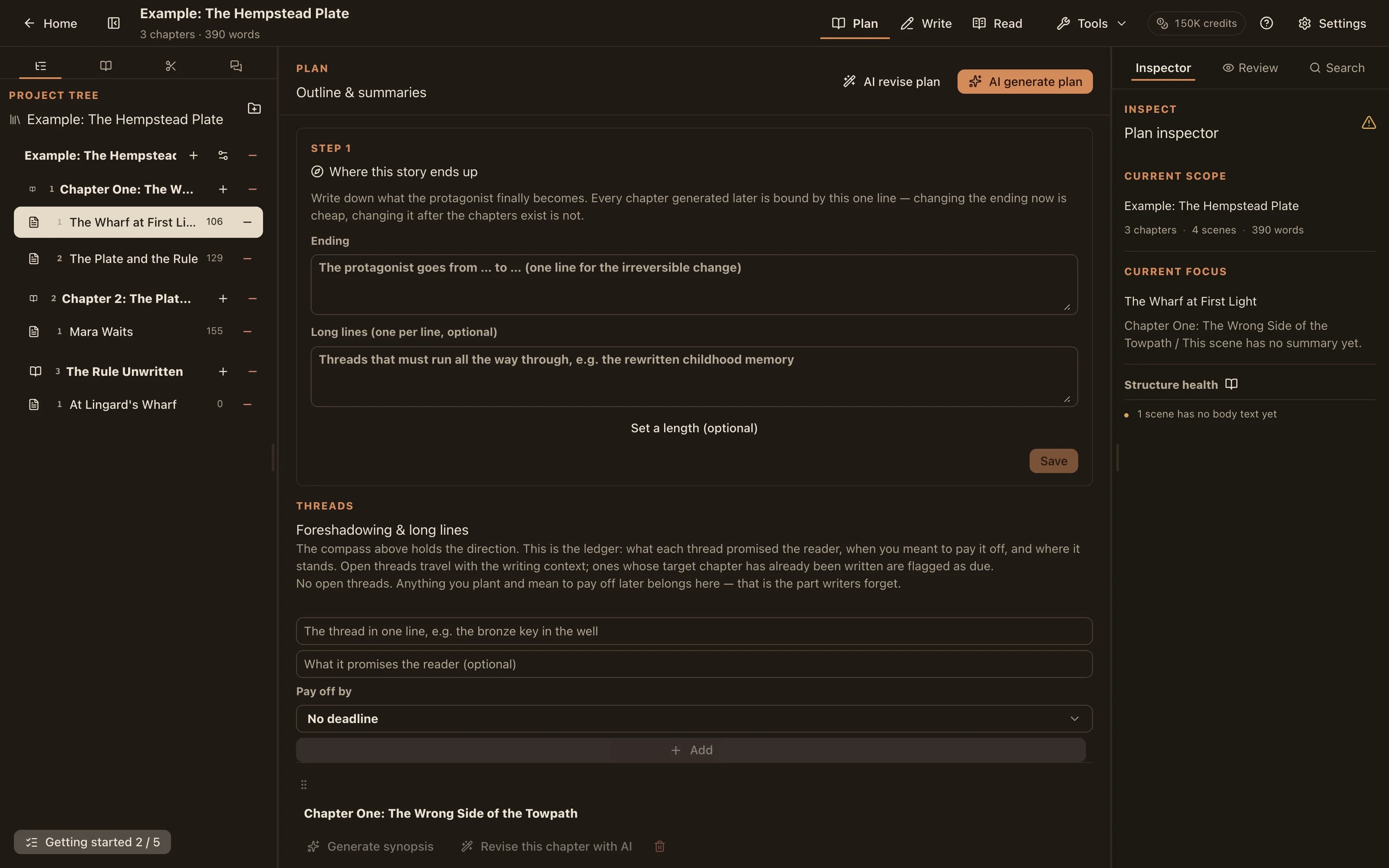 Plan mode: chapters listing their scenes and beats, with AI generate and AI revise actions at the top