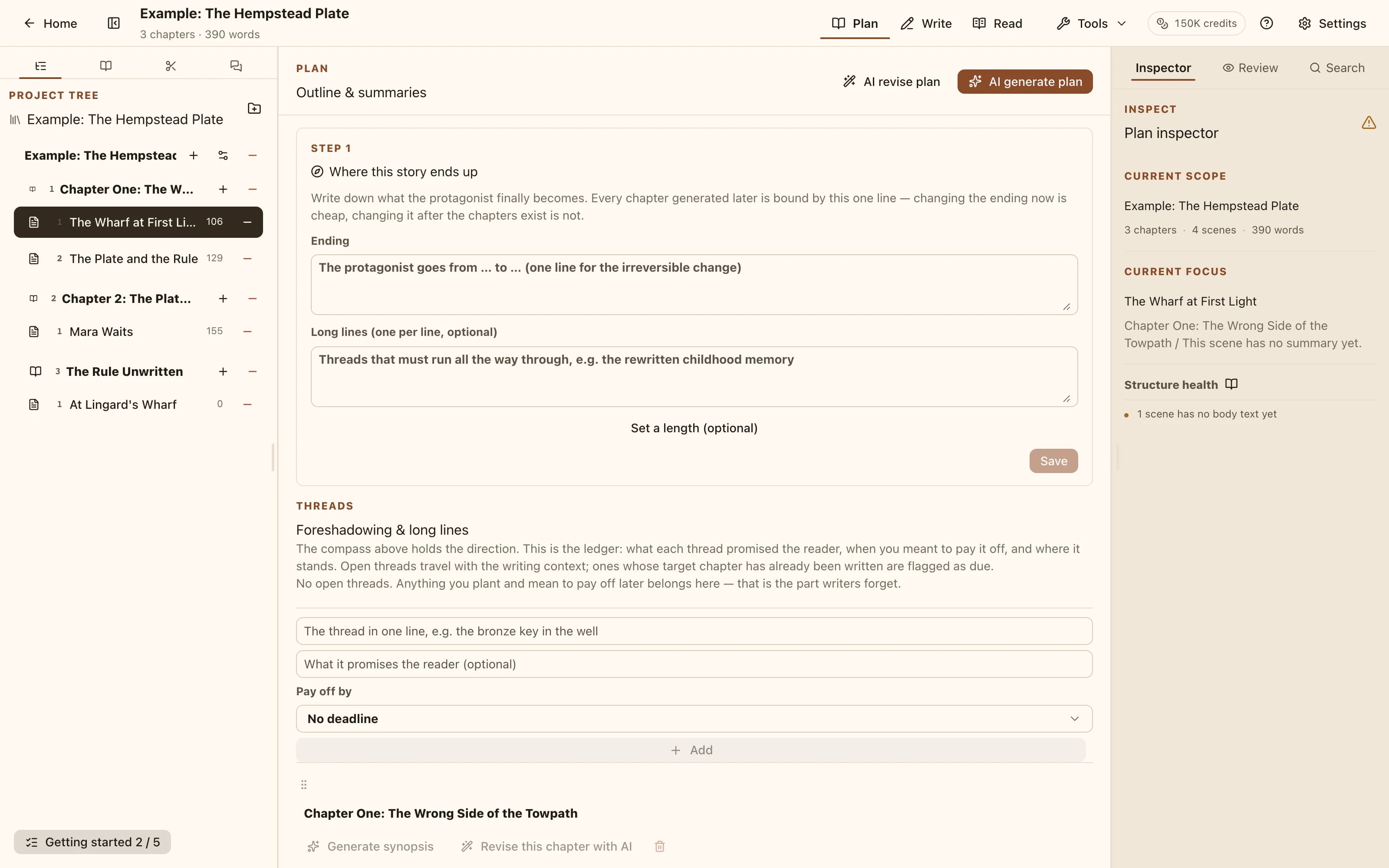Plan mode: chapters listing their scenes and beats, with AI generate and AI revise actions at the top