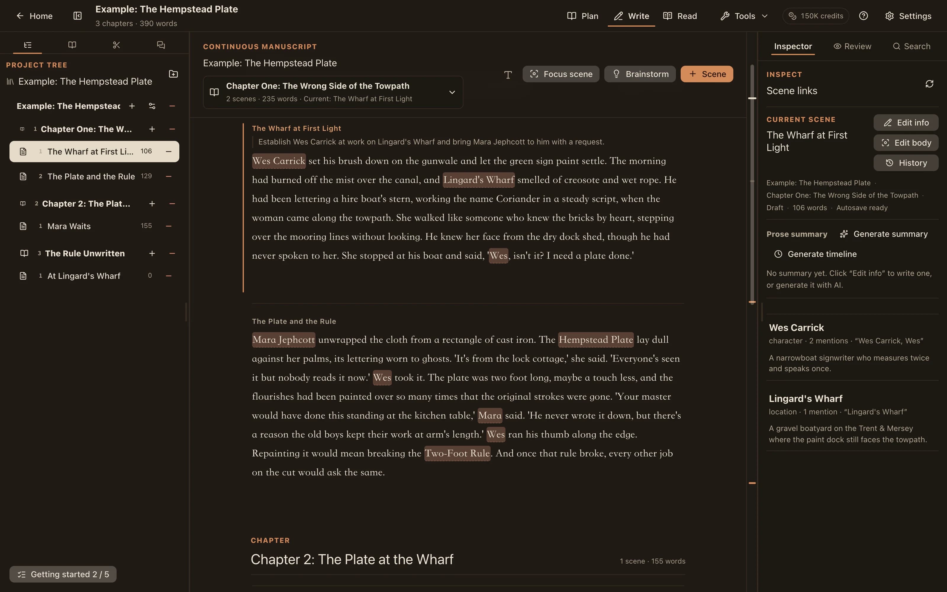 The NovelKnow workspace: codex on the left, prose with highlighted character names, and the entries mentioned in this scene on the right