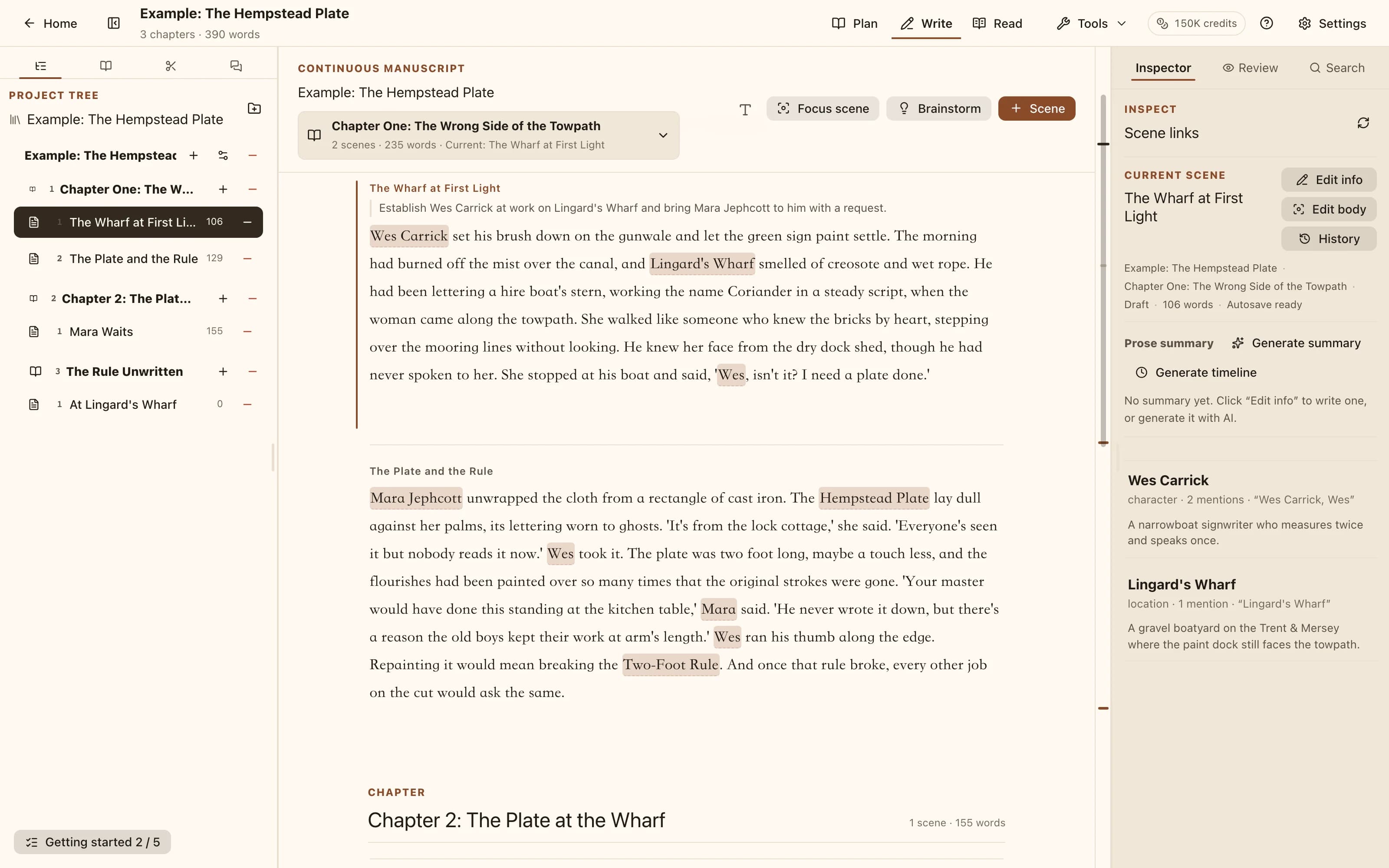The NovelKnow workspace: codex on the left, prose with highlighted character names, and the entries mentioned in this scene on the right