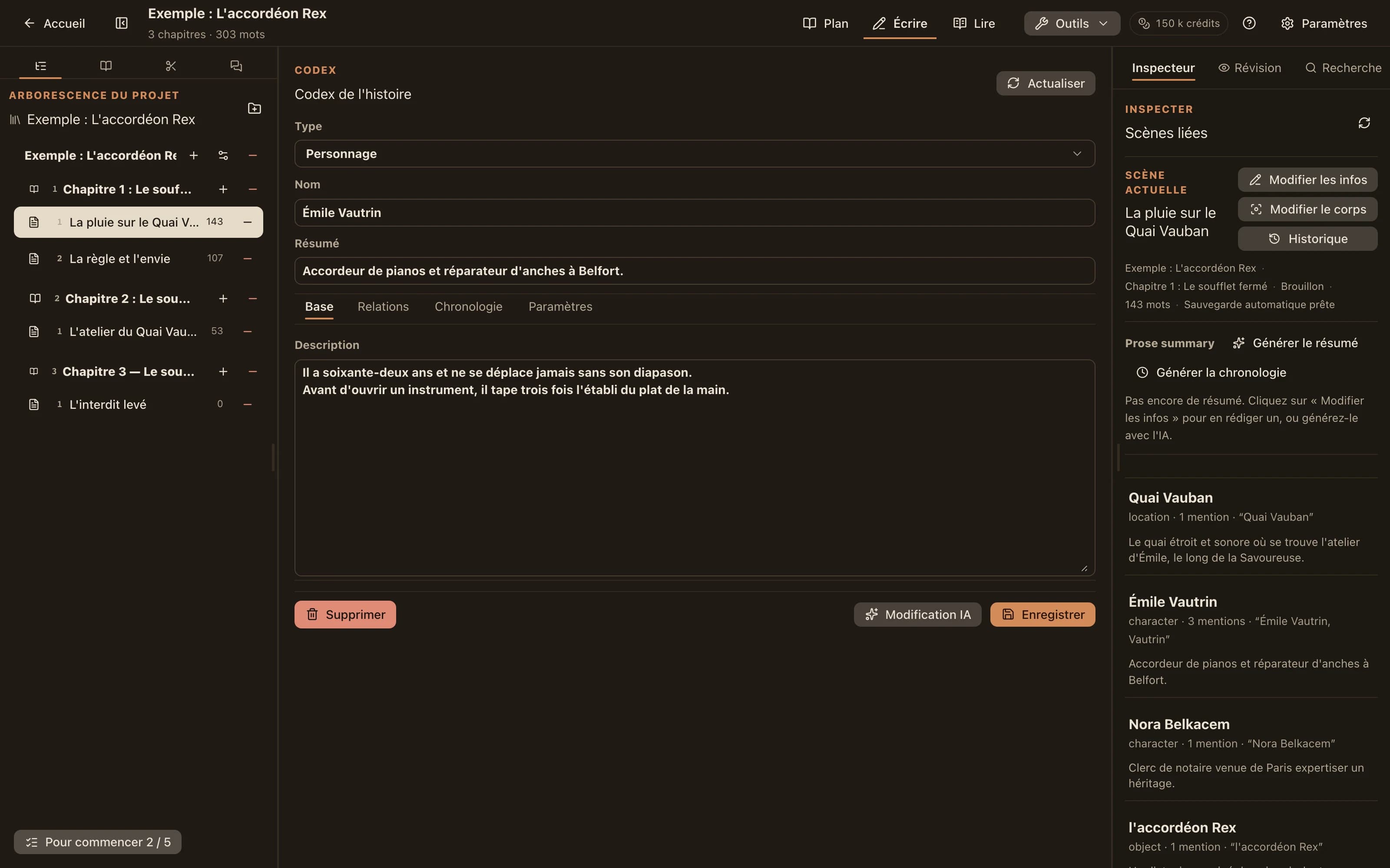 Un éditeur d'entrée de codex montrant le type, le nom, la description courte et la description complète, avec des onglets relations et chronologie