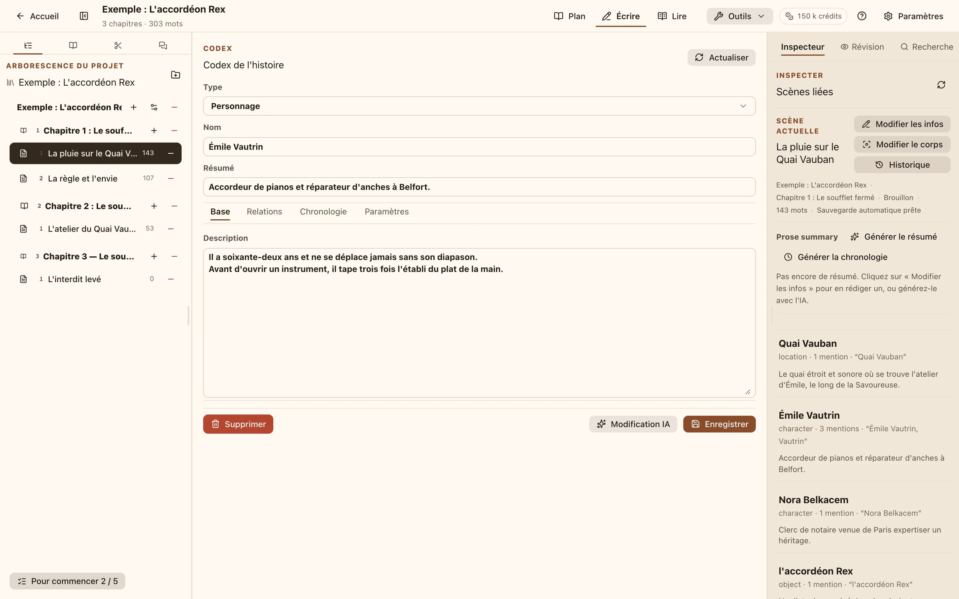 Un éditeur d'entrée de codex montrant le type, le nom, la description courte et la description complète, avec des onglets relations et chronologie