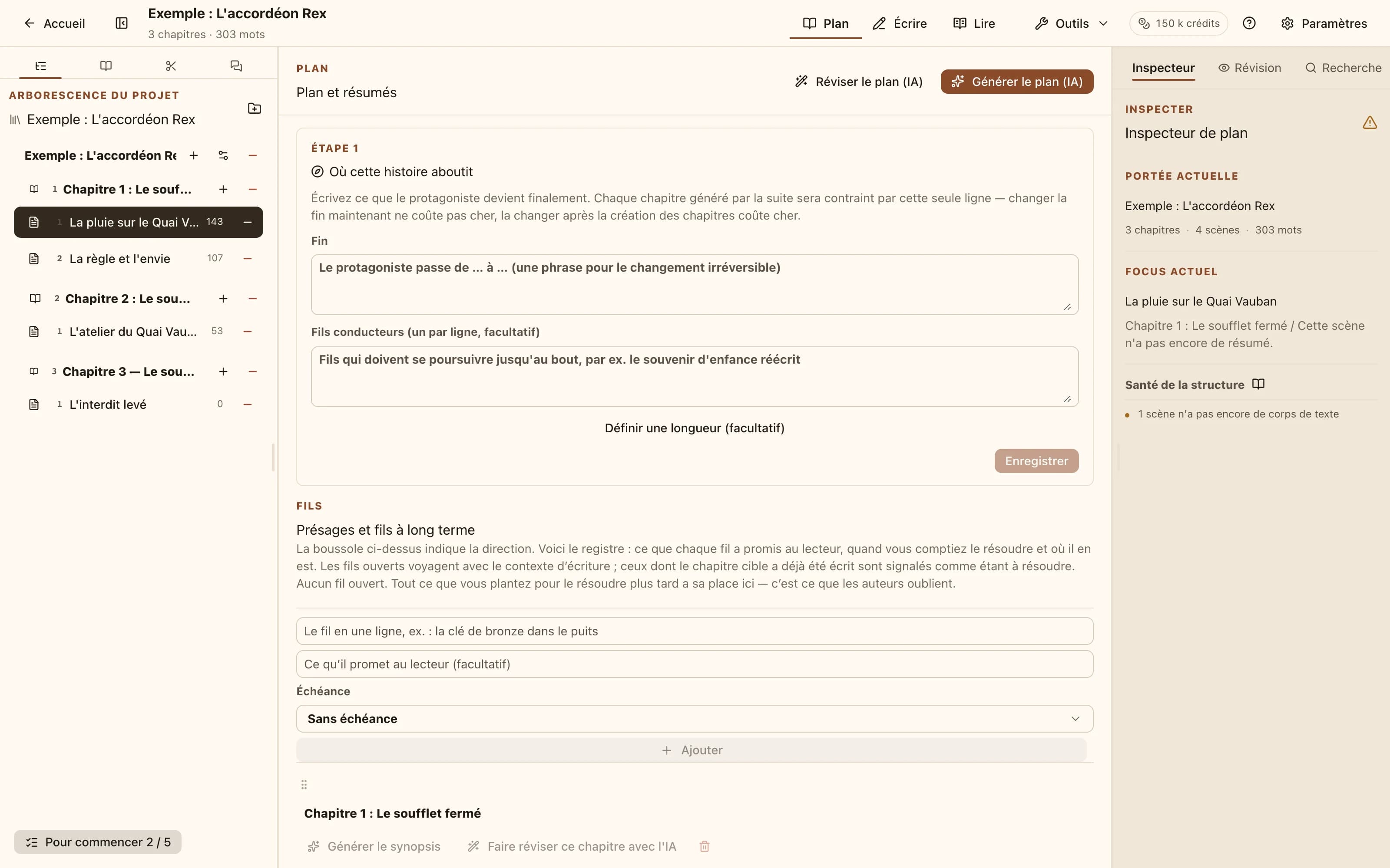 Mode plan : les chapitres listent leurs scènes et battements, avec les actions 'Générer par IA' et 'Réviser par IA' en haut.