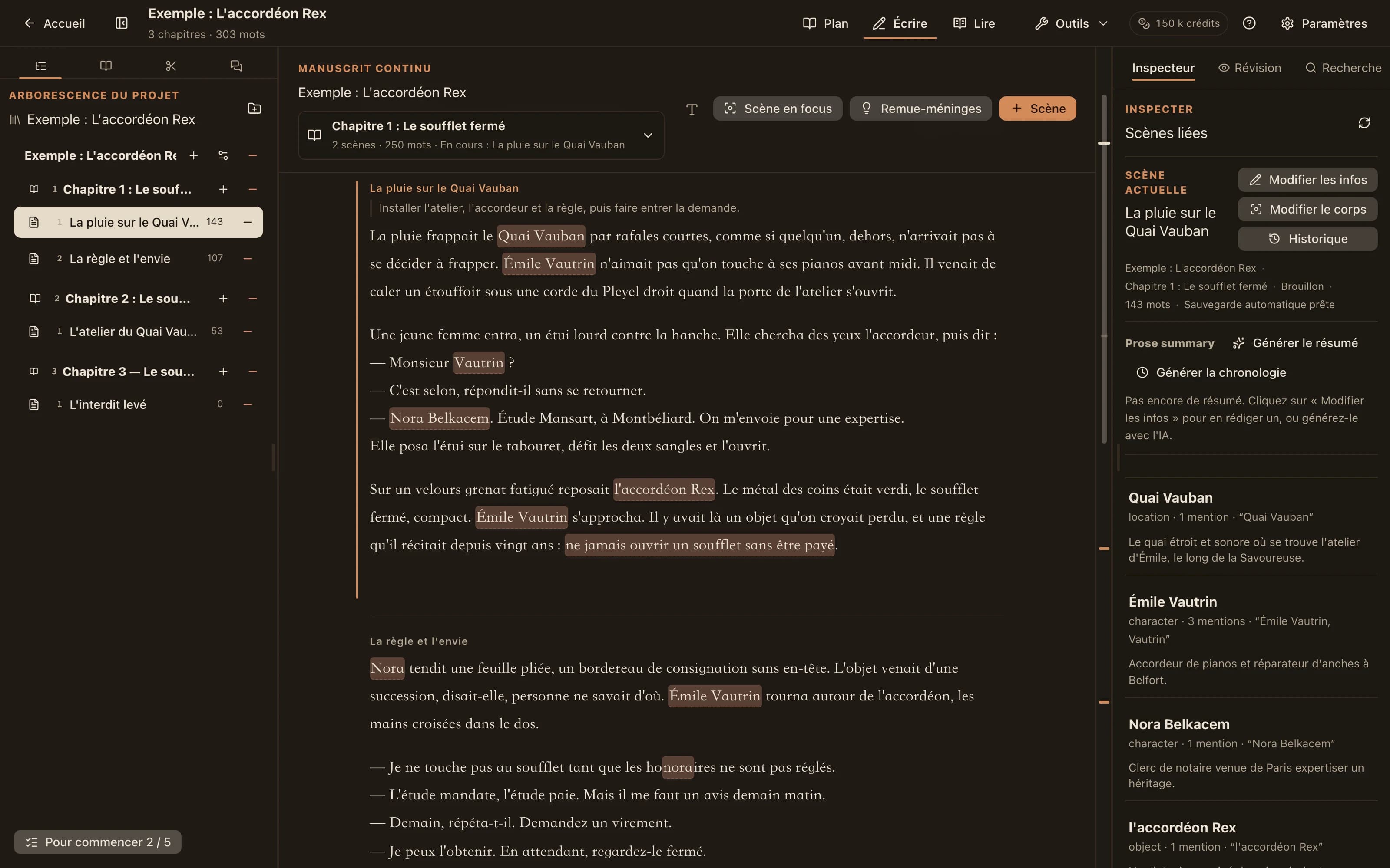 L'espace de travail NovelKnow : codex à gauche, texte avec les noms des personnages surlignés, et les entrées mentionnées dans cette scène à droite