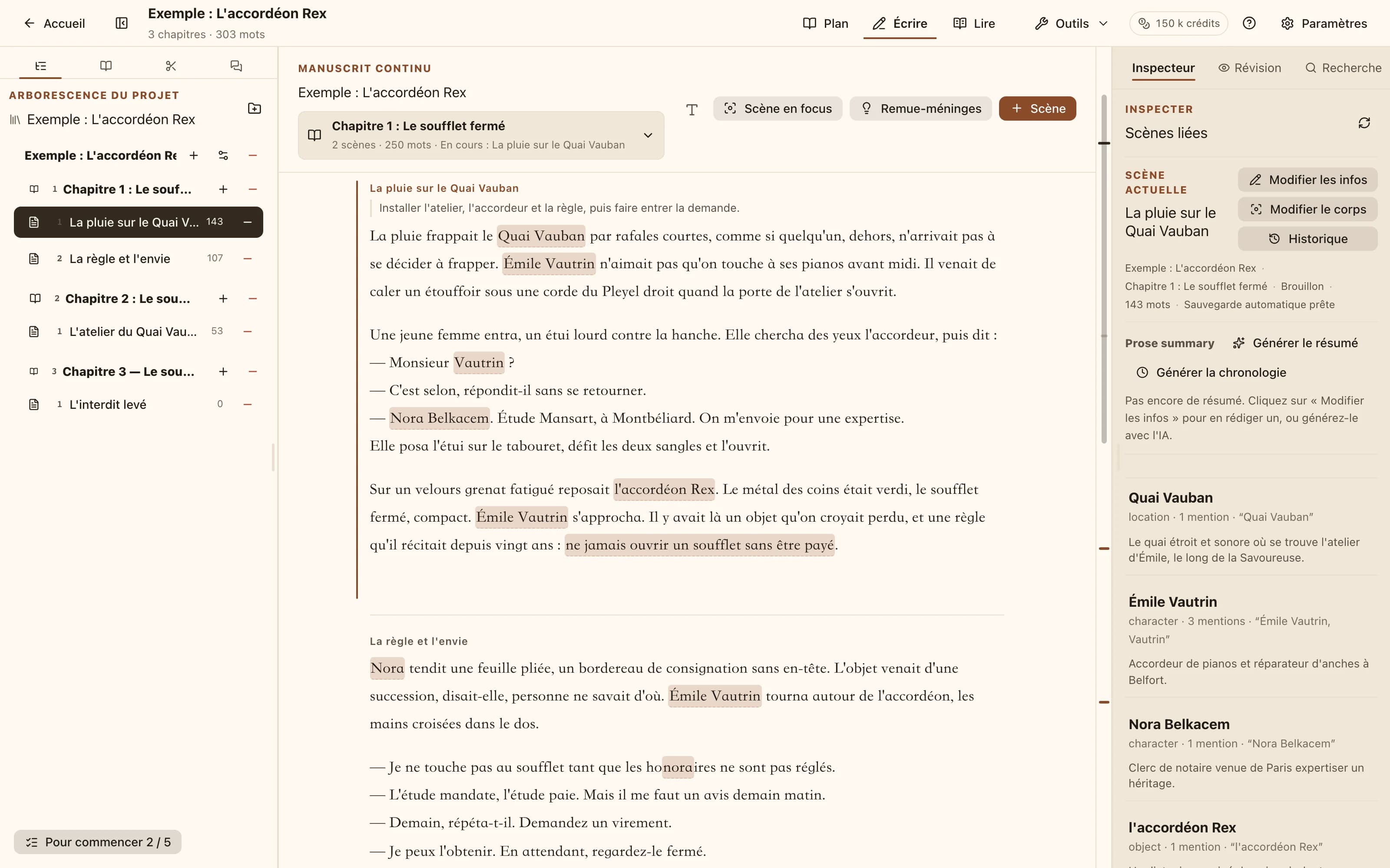 L'espace de travail NovelKnow : codex à gauche, texte avec les noms des personnages surlignés, et les entrées mentionnées dans cette scène à droite