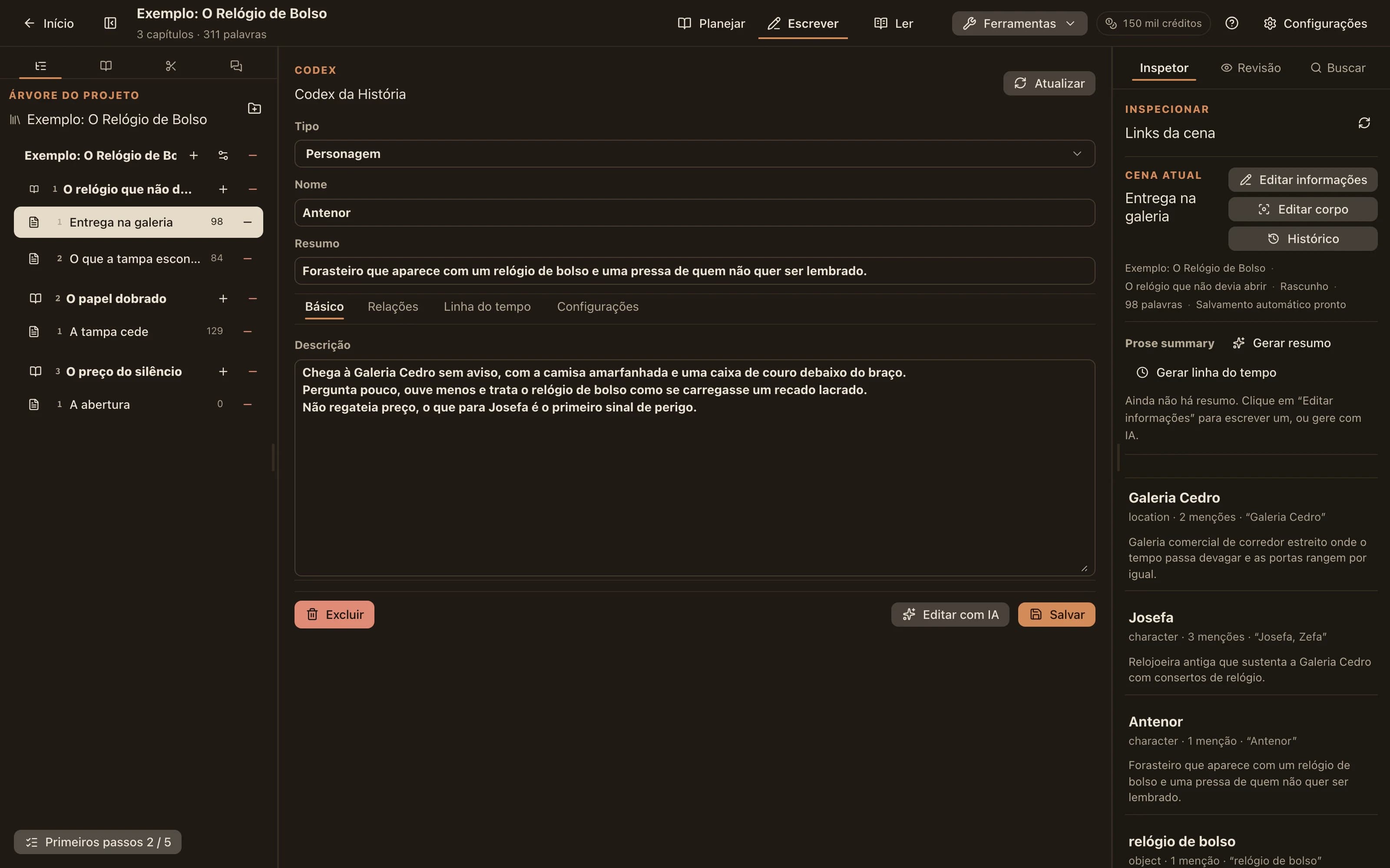Um editor de entrada do codex mostrando tipo, nome, descrição curta e descrição completa, com abas de relacionamentos e linha do tempo