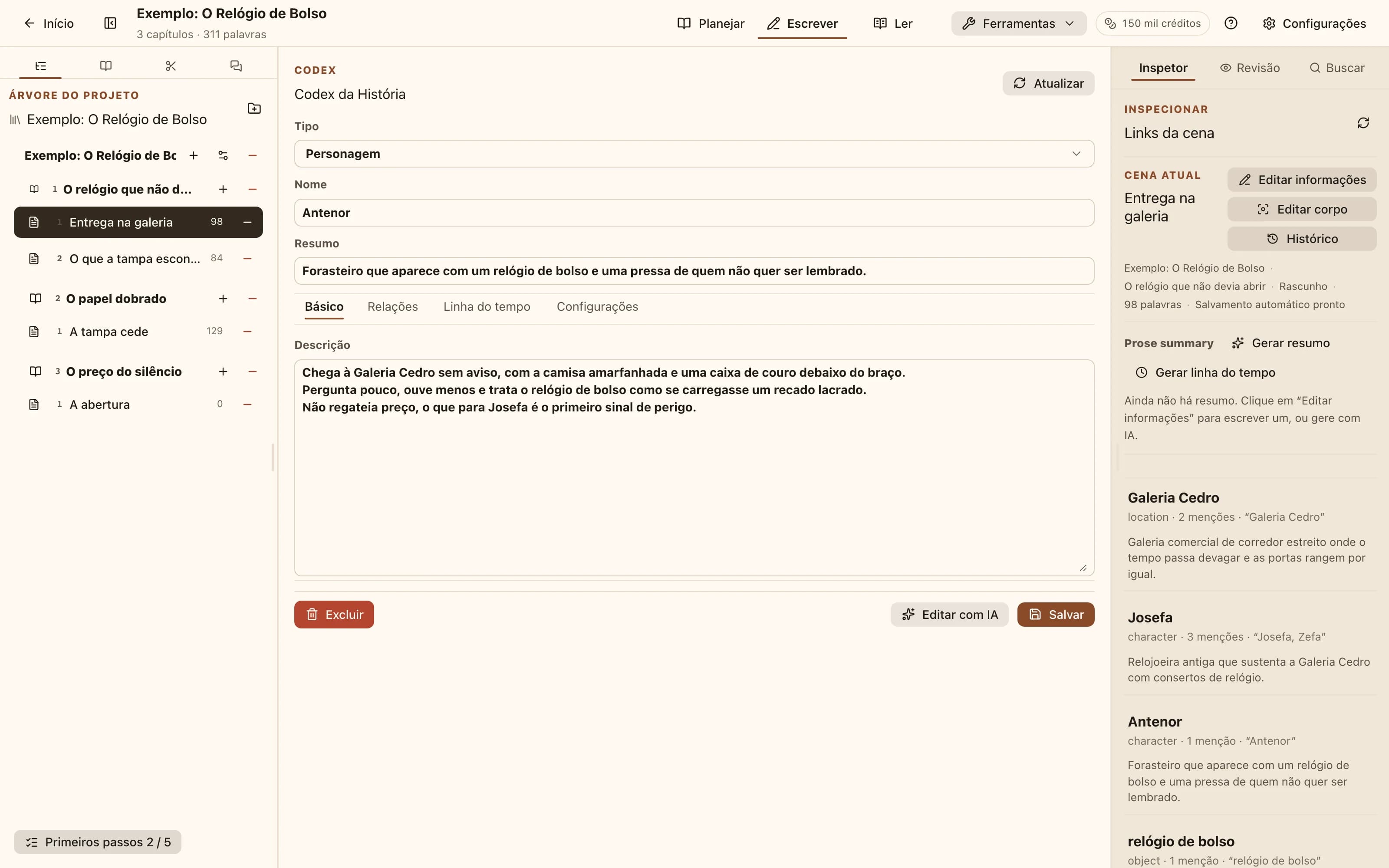Um editor de entrada do codex mostrando tipo, nome, descrição curta e descrição completa, com abas de relacionamentos e linha do tempo