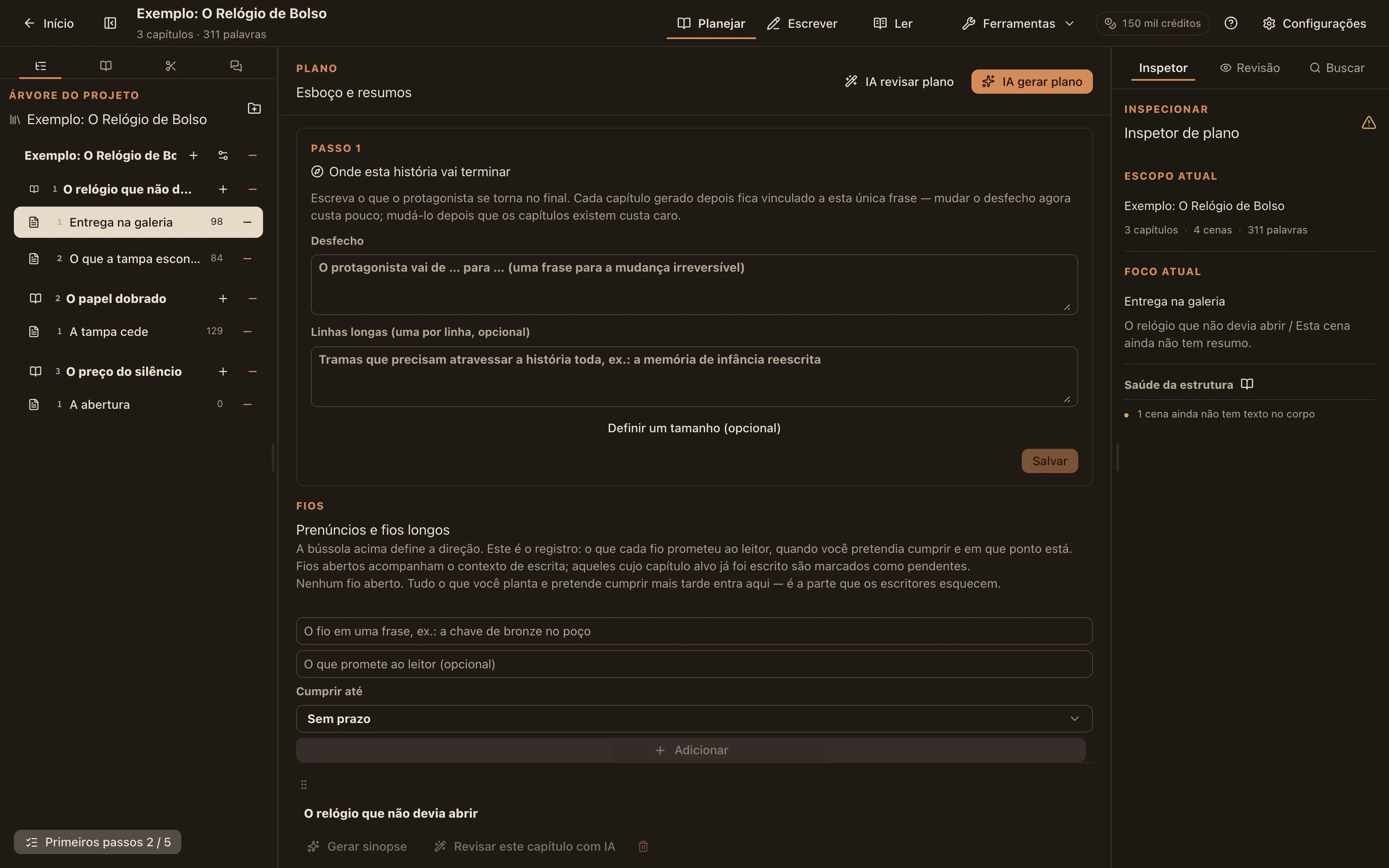 Modo de planejamento: capítulos listando suas cenas e resumos, com ações de gerar com IA e revisar com IA no topo