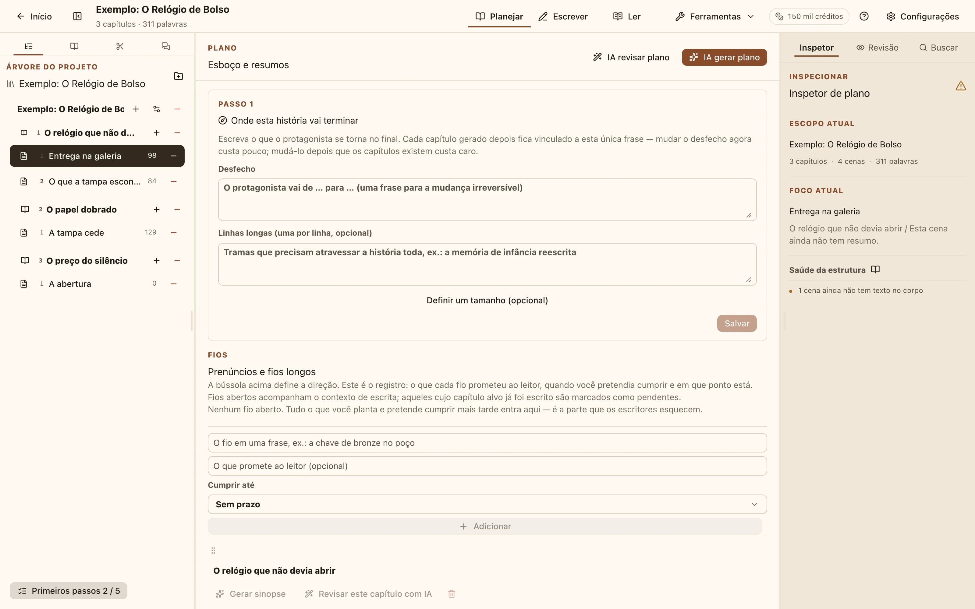 Modo de planejamento: capítulos listando suas cenas e resumos, com ações de gerar com IA e revisar com IA no topo