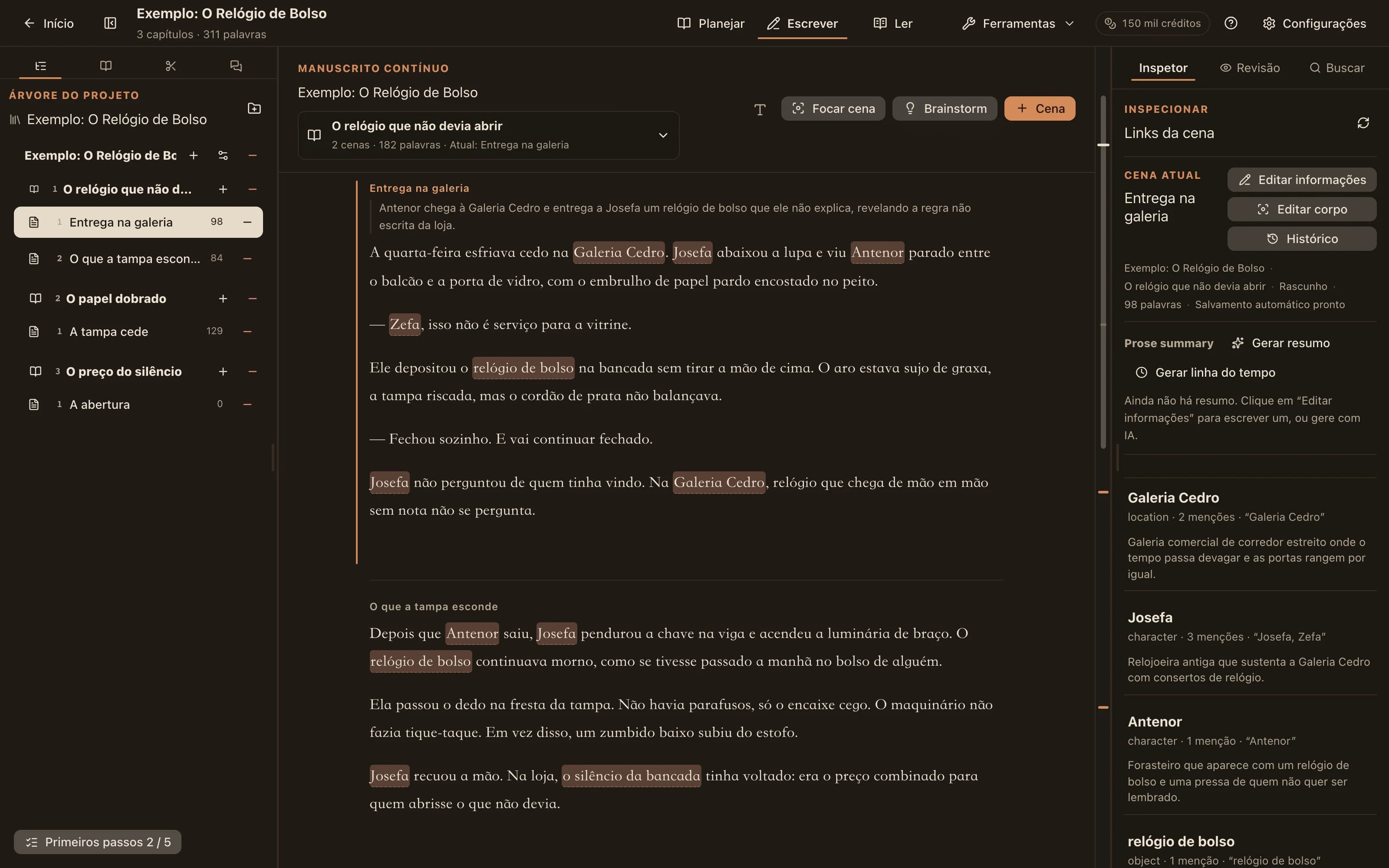 A área de trabalho do NovelKnow: codex à esquerda, texto com nomes de personagens destacados e as entradas mencionadas nesta cena à direita