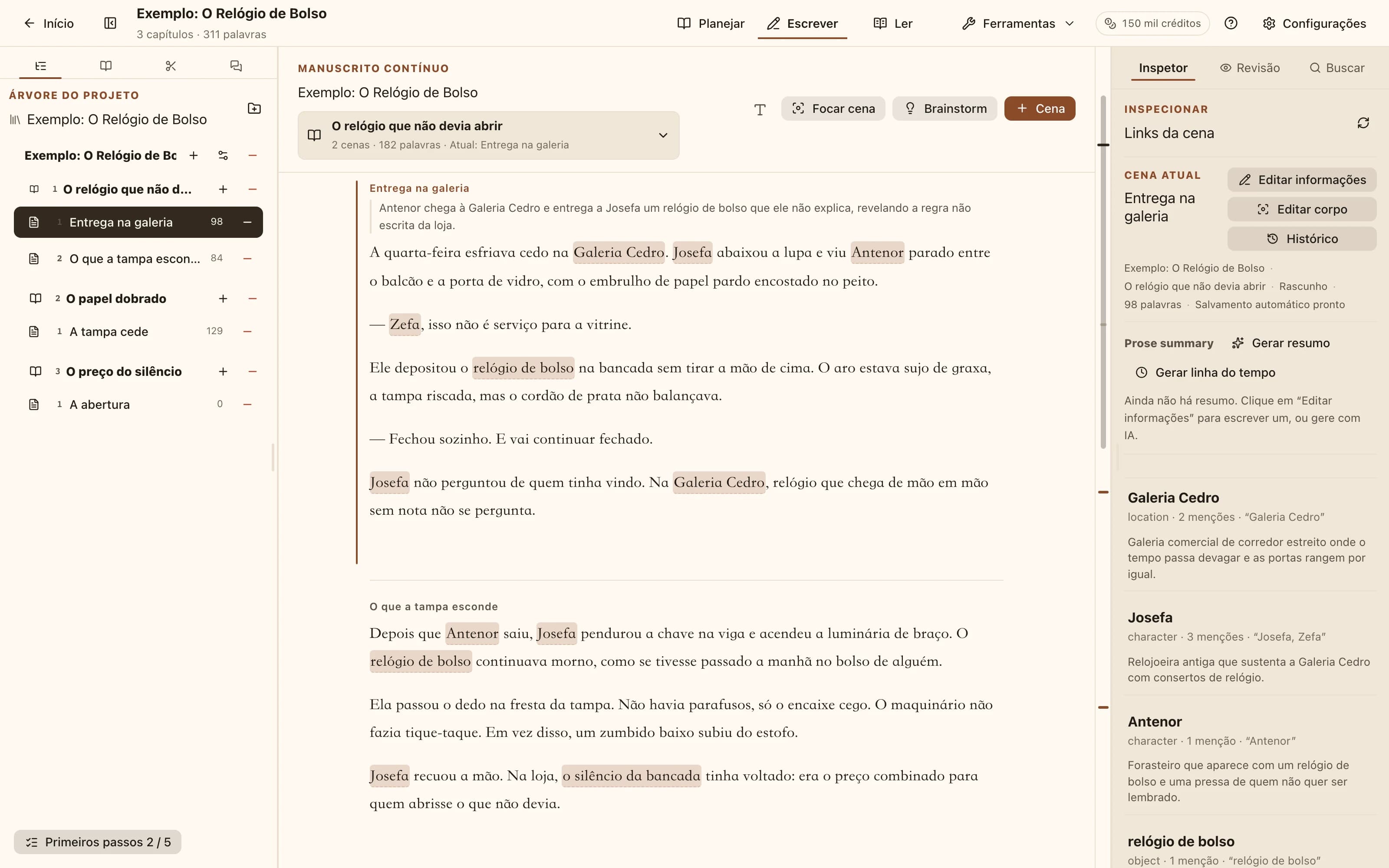 A área de trabalho do NovelKnow: codex à esquerda, texto com nomes de personagens destacados e as entradas mencionadas nesta cena à direita