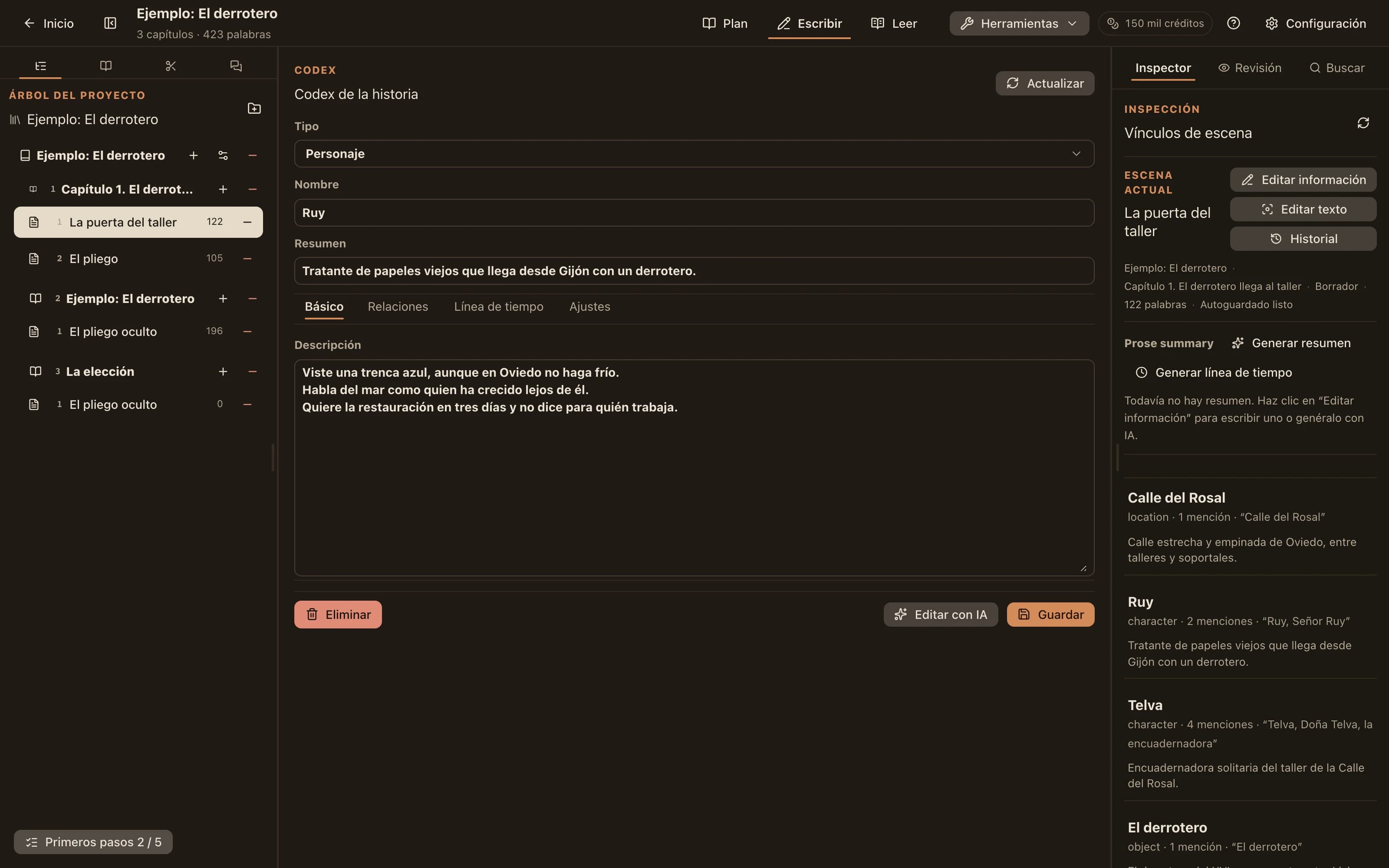 Un editor de entradas del codex que muestra tipo, nombre, descripción corta y descripción completa, con pestañas de relaciones y cronología.