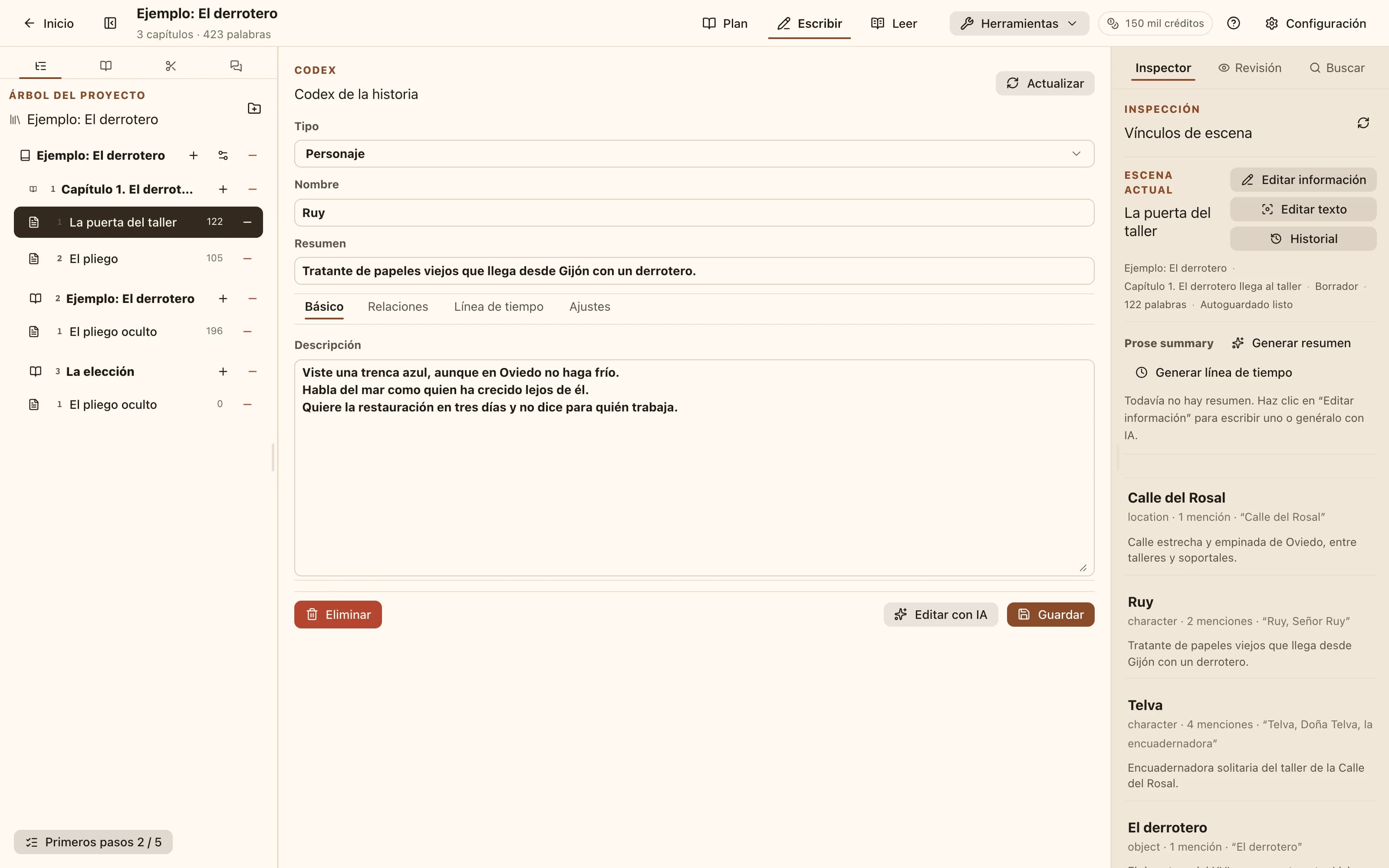 Un editor de entradas del codex que muestra tipo, nombre, descripción corta y descripción completa, con pestañas de relaciones y cronología.