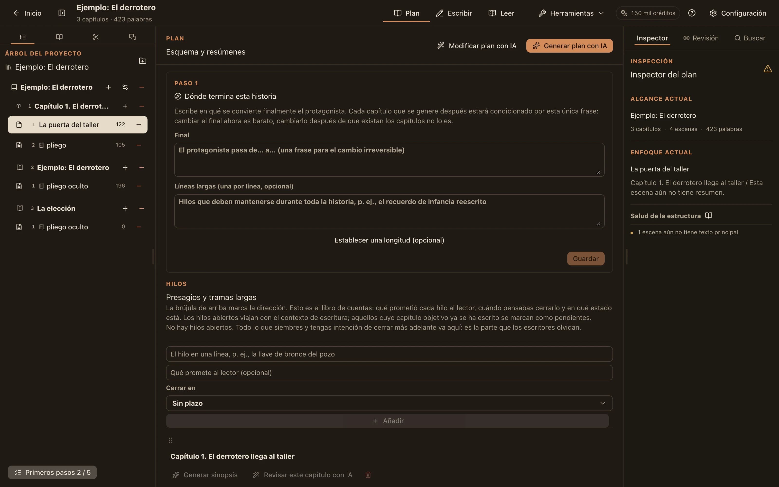 Modo plan: capítulos que enumeran sus escenas y beats, con acciones de generar con IA y revisar con IA en la parte superior.