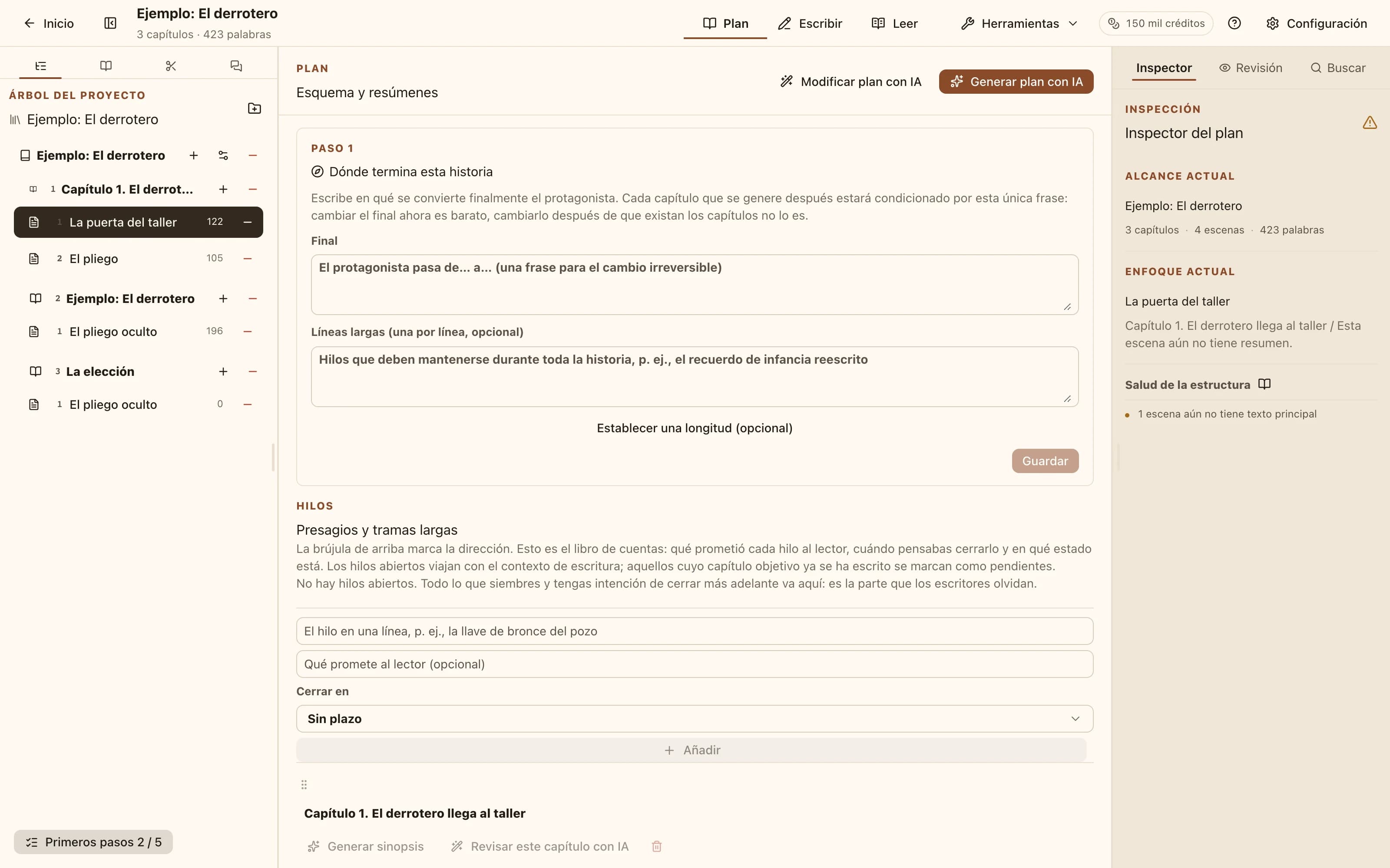 Modo plan: capítulos que enumeran sus escenas y beats, con acciones de generar con IA y revisar con IA en la parte superior.