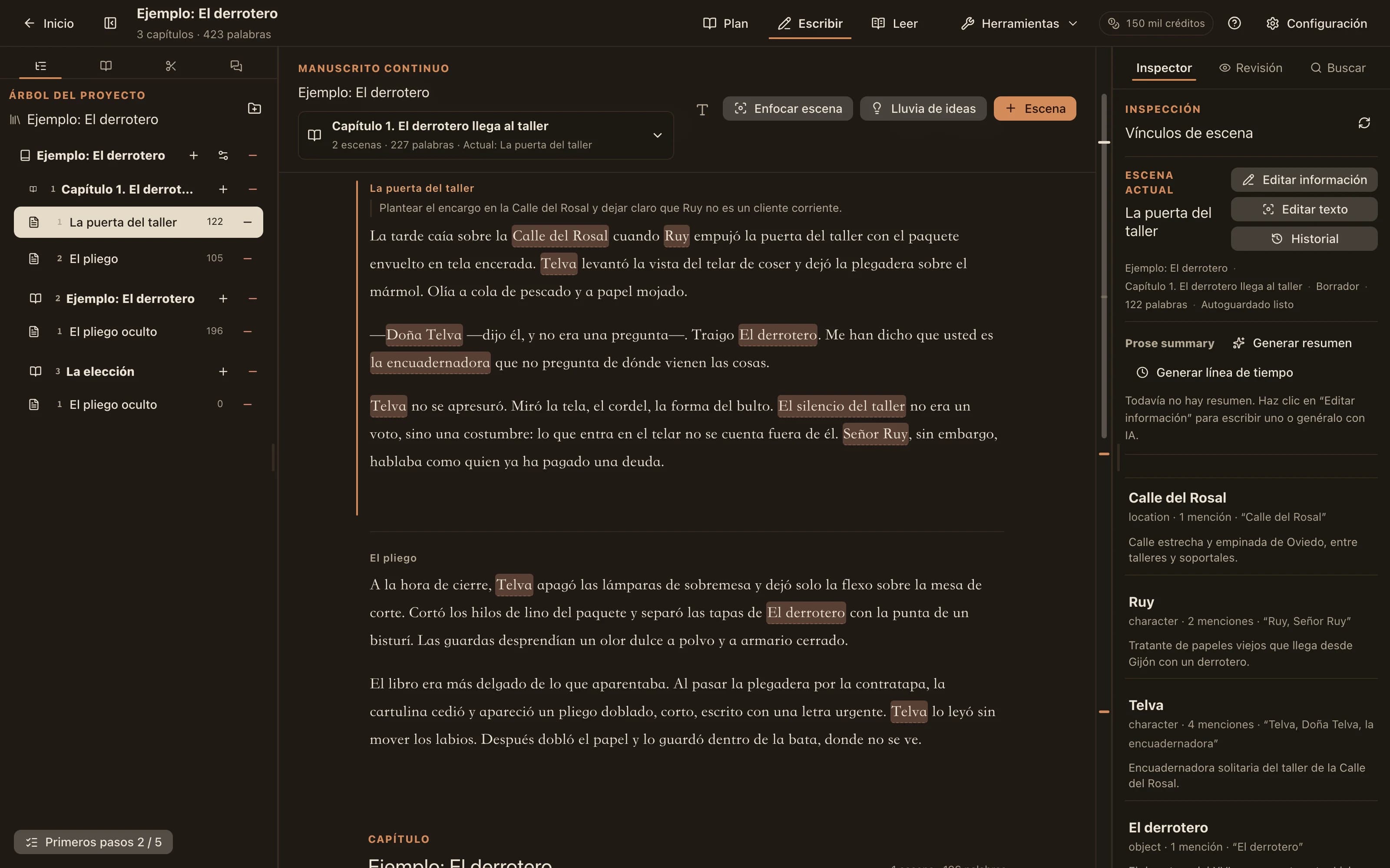 El espacio de trabajo de NovelKnow: codex a la izquierda, prosa con nombres de personajes resaltados y, a la derecha, las entradas mencionadas en esta escena.