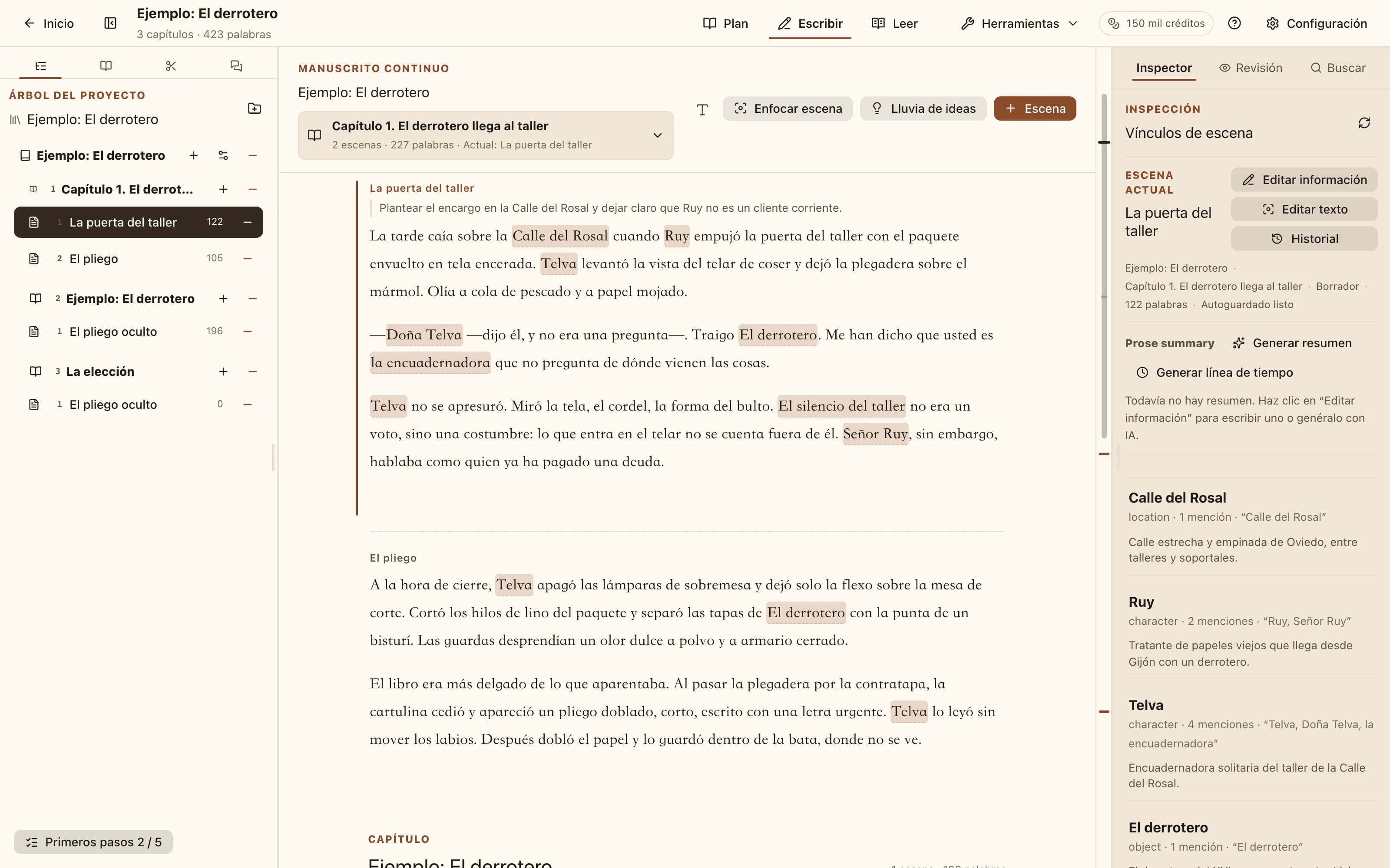 El espacio de trabajo de NovelKnow: codex a la izquierda, prosa con nombres de personajes resaltados y, a la derecha, las entradas mencionadas en esta escena.